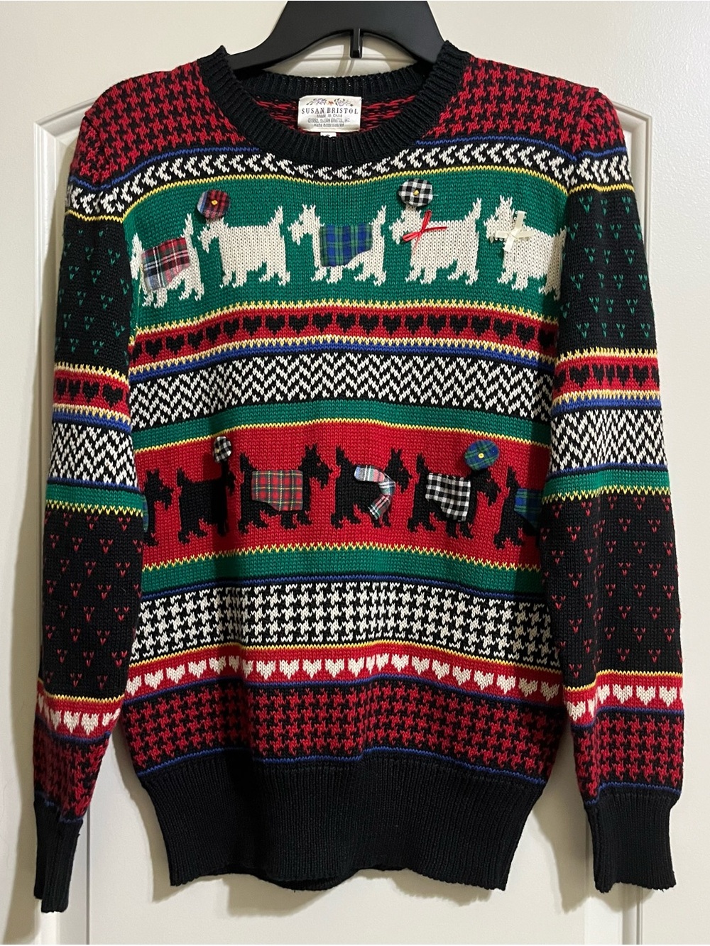 Susan Bristol Women’s Black Red Green Scottish Terrier Knit Crewneck Sweater S